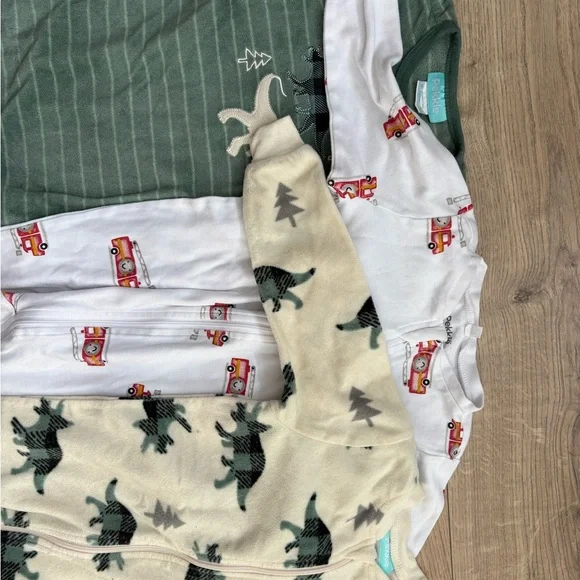 Pekkle 2T Footed Pajama Bundle Dino Firetruck Fleece Cotton Sleepers - Picture 2 of 3